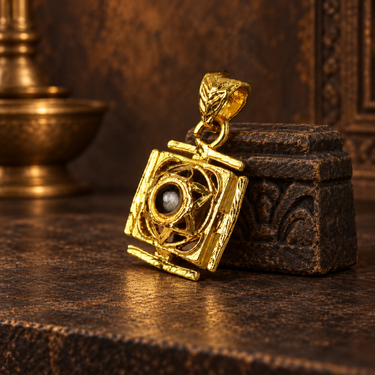 Gold-tone pendant displayed beside a textured stone block, with raised central black stone in focus