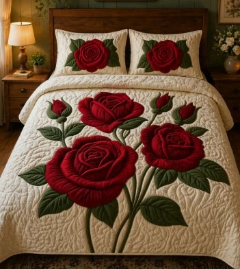 Front view of cream quilted bedding with large red rose floral design and matching pillow covers