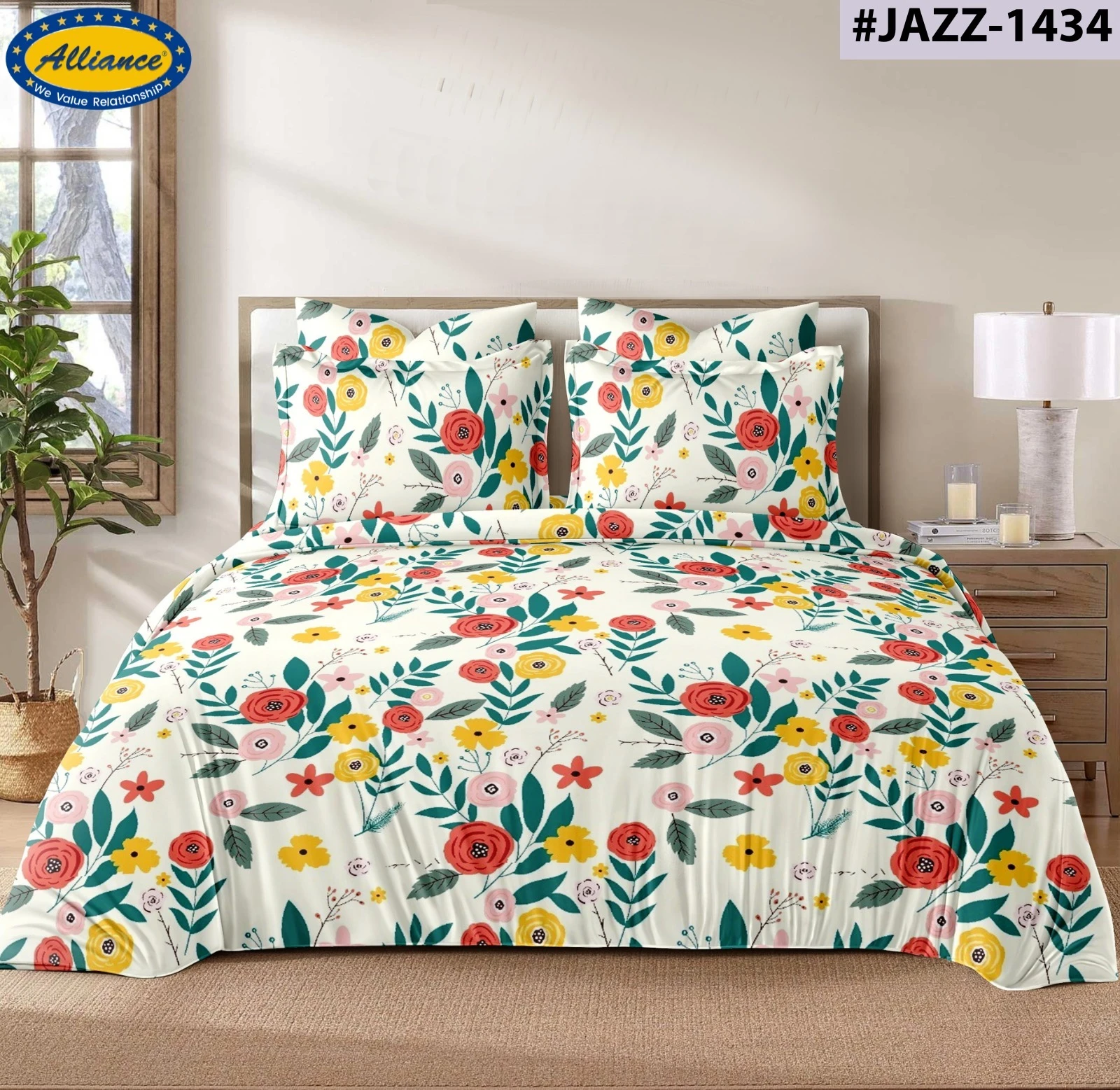 Floral bedsheet set spread on a bed with matching pillow covers in cream, red, yellow and green print