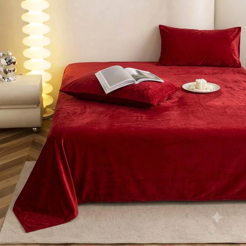 Side view of the red velvet bedding draped over the bed, with one matching pillow and glossy finish