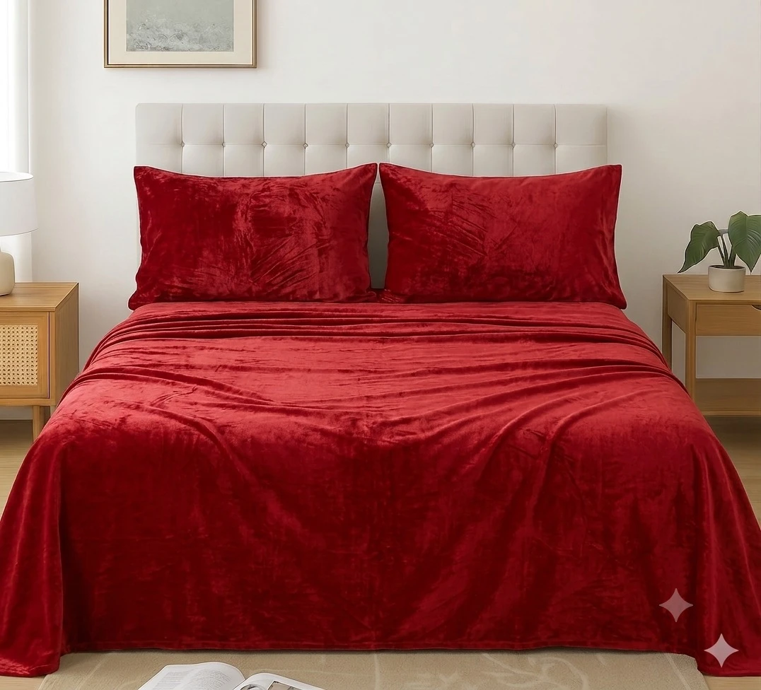 Front view of the red velvet bedspread spread across the bed with two matching pillow covers