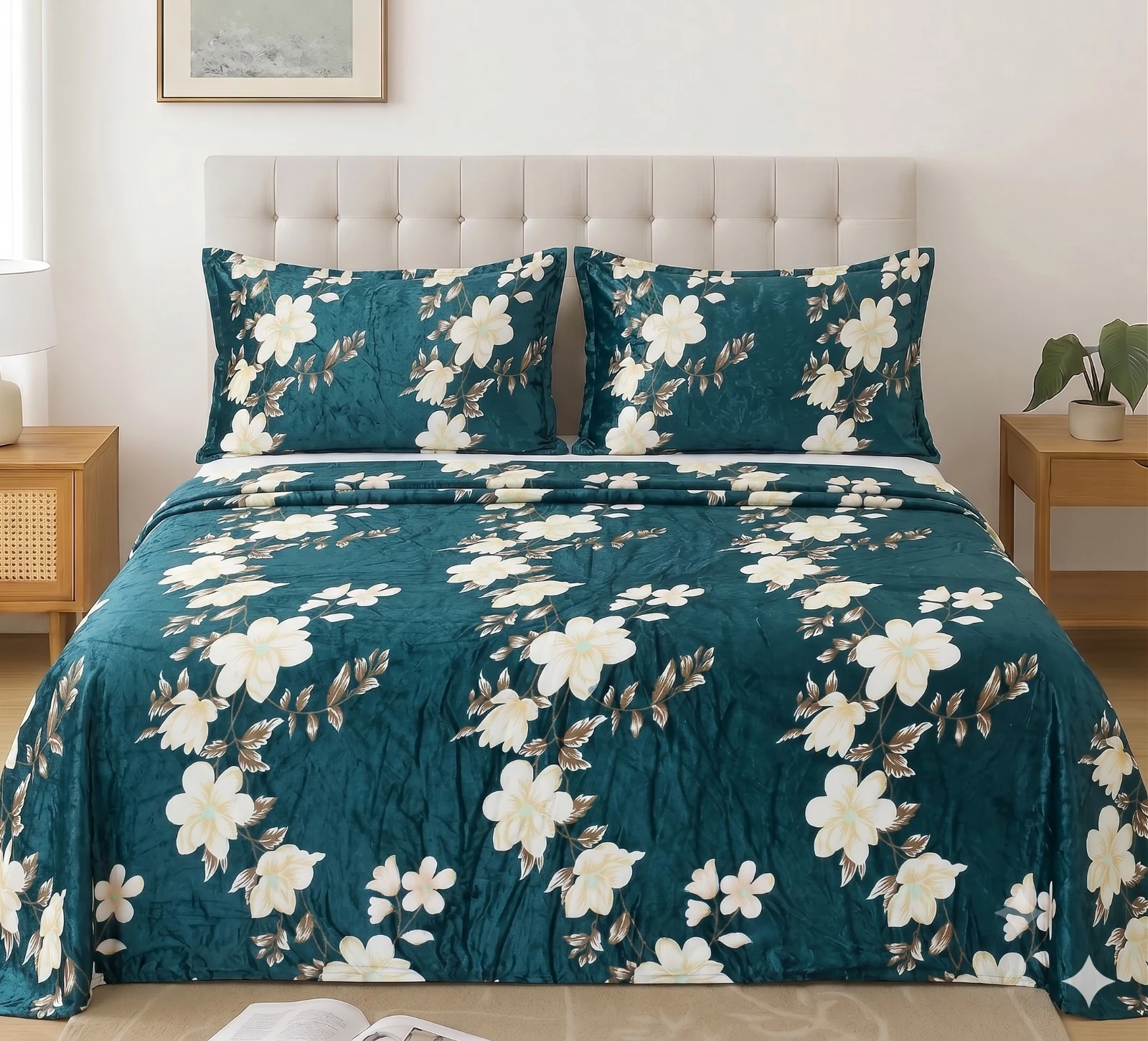 Front view of the bed dressed in teal floral bedding with two matching pillow covers against a tufted headboard