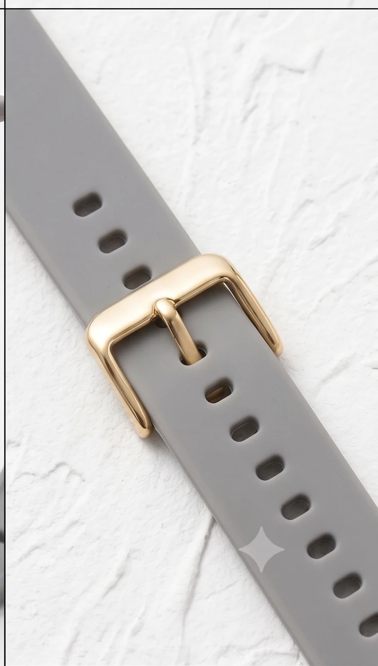 Close-up of the grey watch strap with gold-tone pin buckle and adjustment holes on a white background