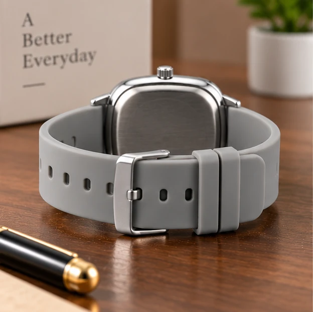 Back view of square silver-tone watch showing brushed caseback and grey strap fastened with metal buckle