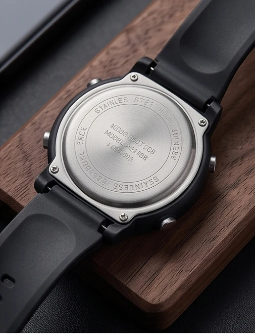 Back case close-up showing stainless steel cover, screws and engraved model details on black strap watch