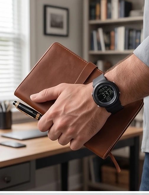 Black round digital watch worn on wrist with brown notebook and pen in an office setting