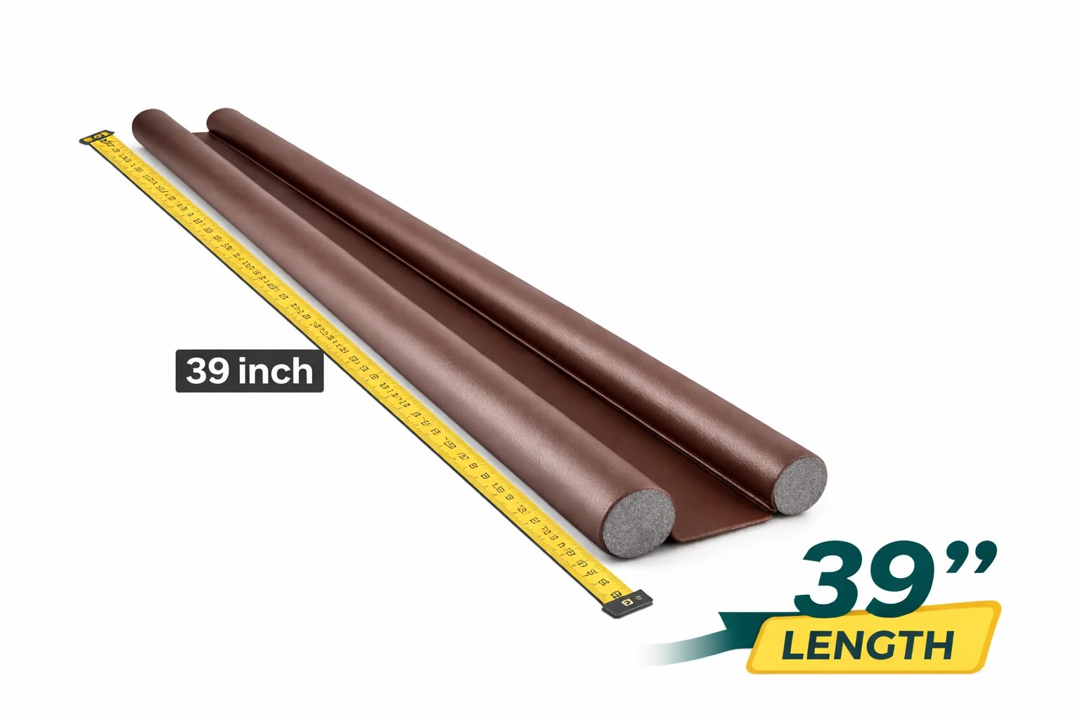 Brown twin-roll door draft stopper laid flat beside a measuring tape, showing 39 inch length