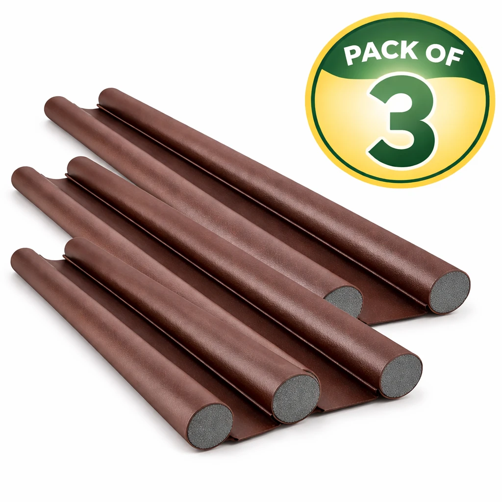 Three brown foam under-door draft stoppers arranged diagonally with a Pack of 3 badge on white background