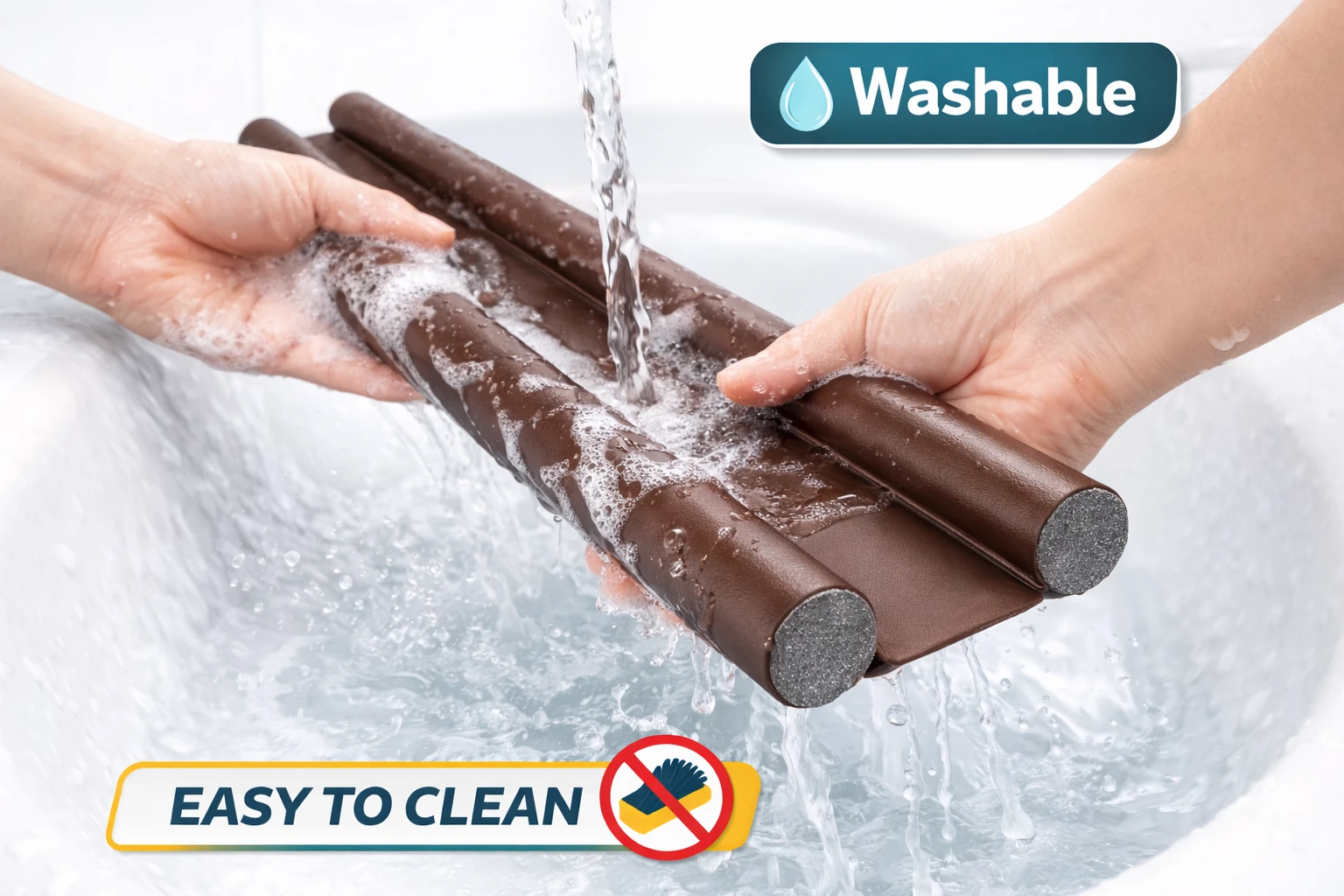 Brown foam under-door draft stopper being rinsed with soapy water in a sink, marked washable