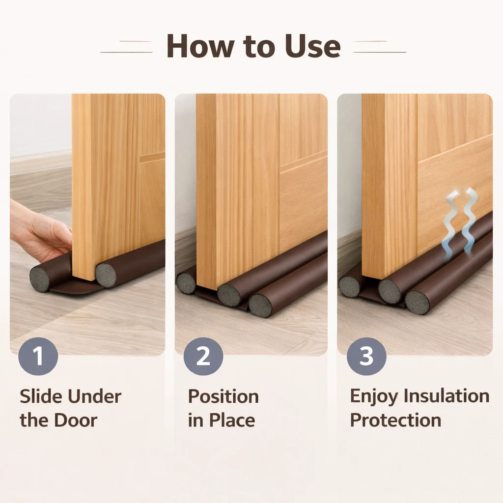 Three-step usage graphic showing the brown draft stopper sliding under a wooden door