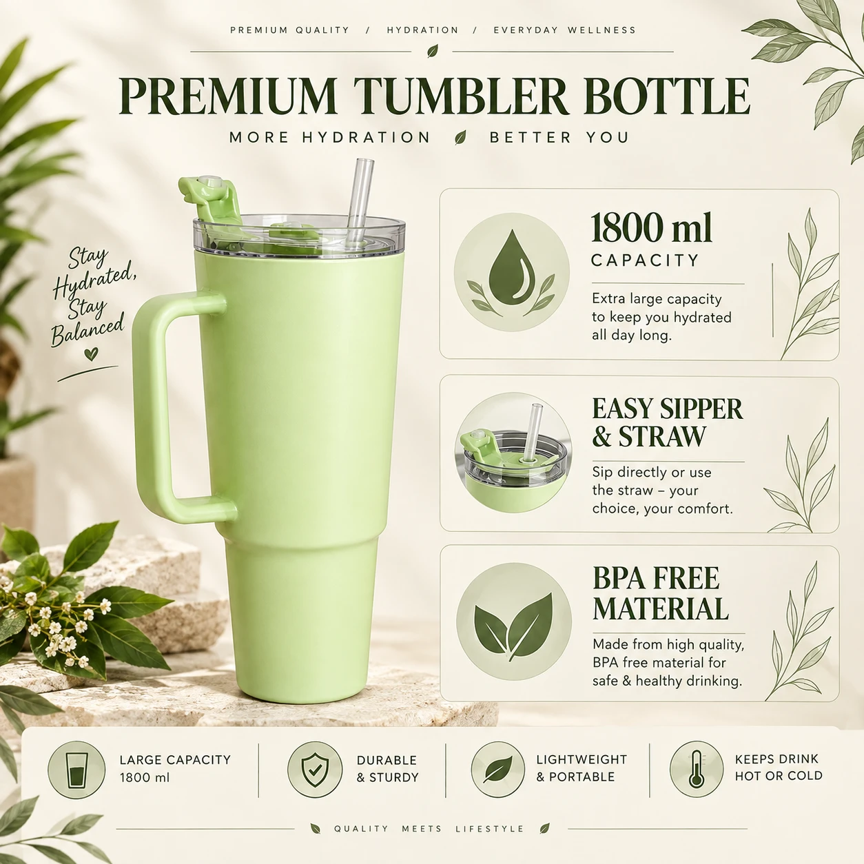 Full tumbler with handle and straw beside feature panels highlighting 1800 ml capacity and BPA-free material