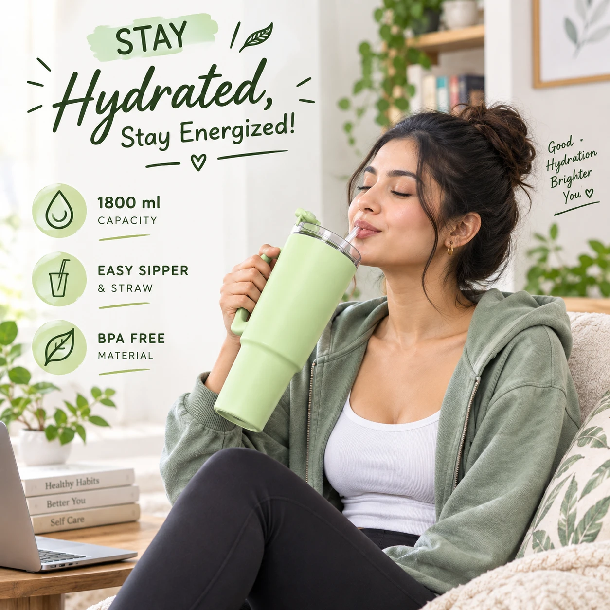 Woman relaxing on a sofa drinking from the tumbler through the straw, with 1800 ml feature callouts