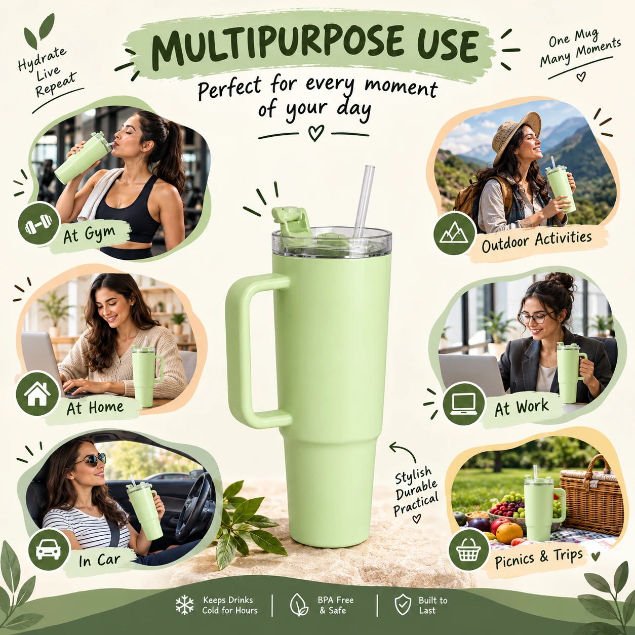 Lifestyle collage showing the tumbler used at gym, home, work, in car, outdoors, and on picnics