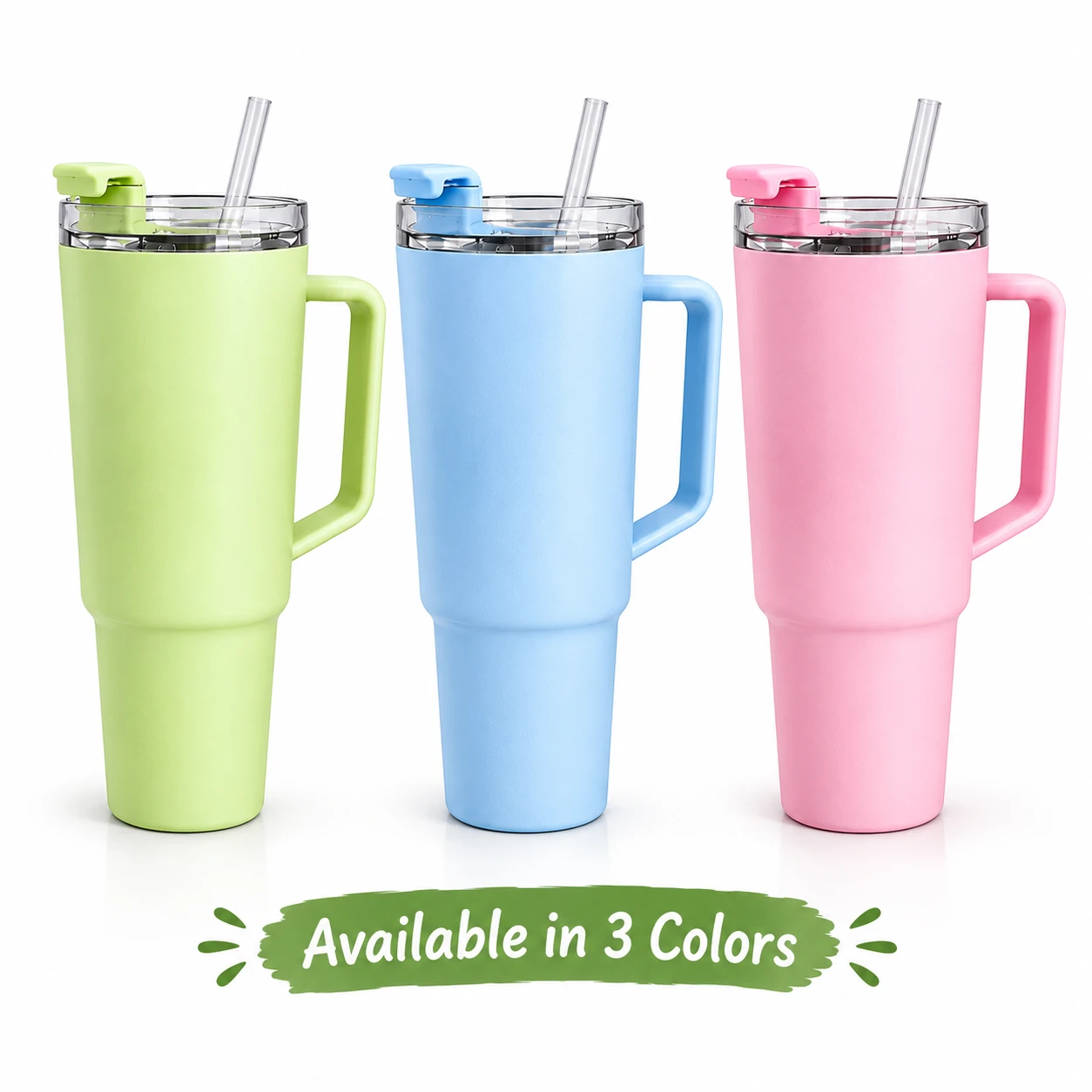 Three handled tumblers with clear lids and straws in lime green, light blue, and pink, with "Available in 3 Colors" text