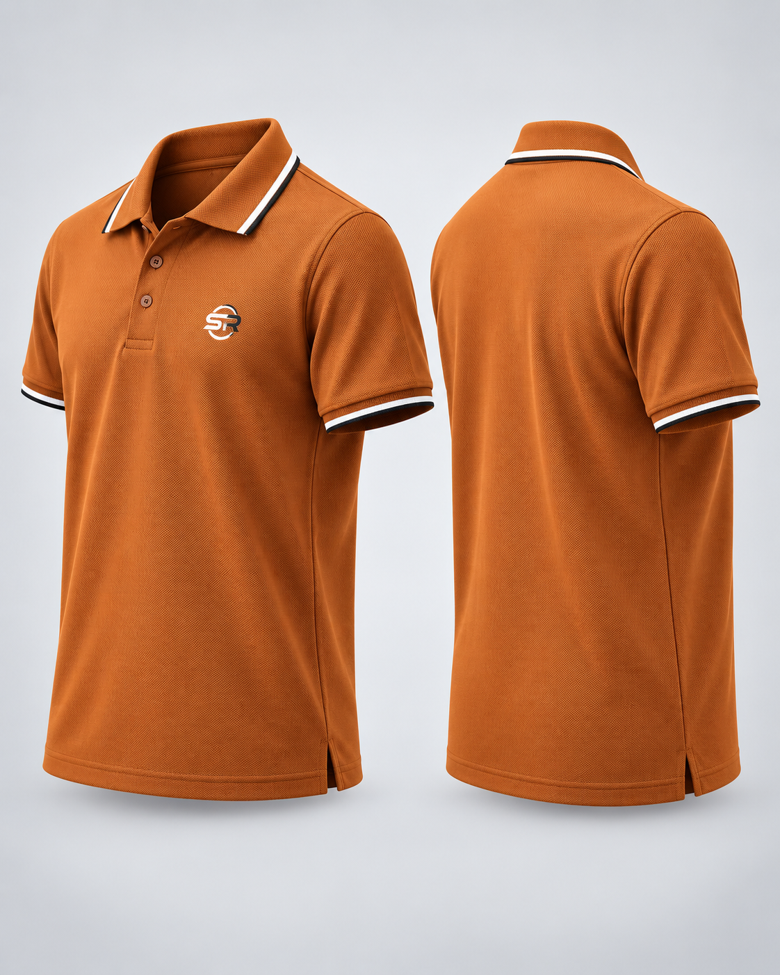 Angled front and back views highlighting side slits, textured fabric and striped collar details