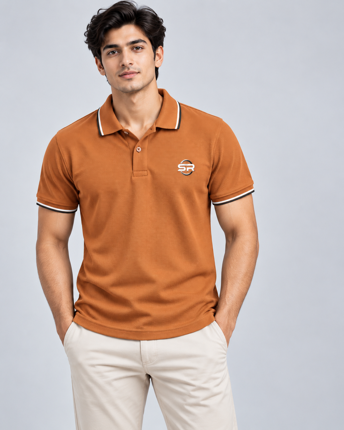 Male model wearing the rust orange polo with light trousers, showing regular fit and chest logo