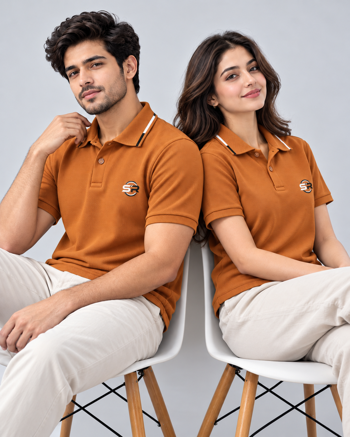 Men's and women's styling view of the matching rust orange polo while seated on white chairs