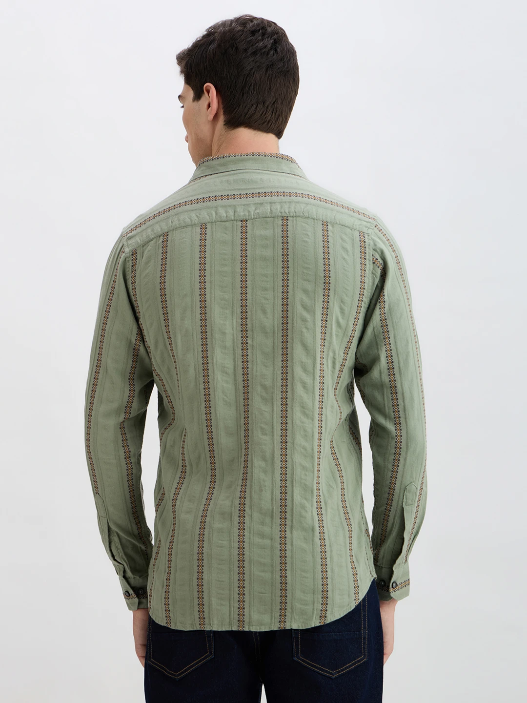Back view showing full-sleeve construction and all-over vertical stripe design