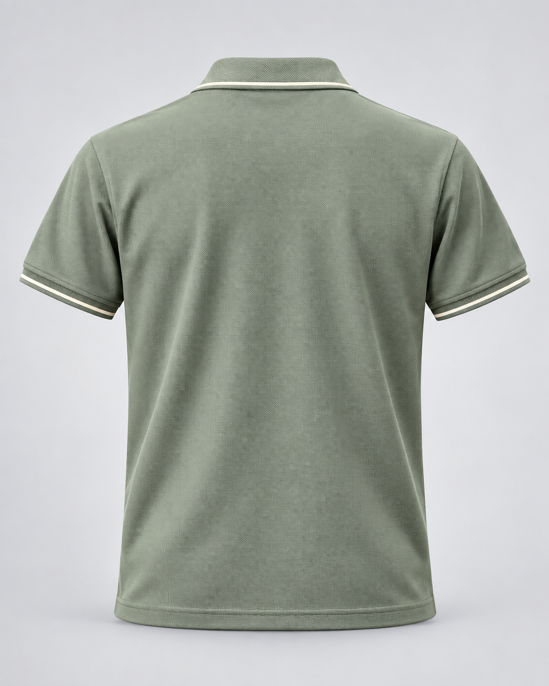 Back view of the sage green polo showing plain textured fabric and tipped collar edge
