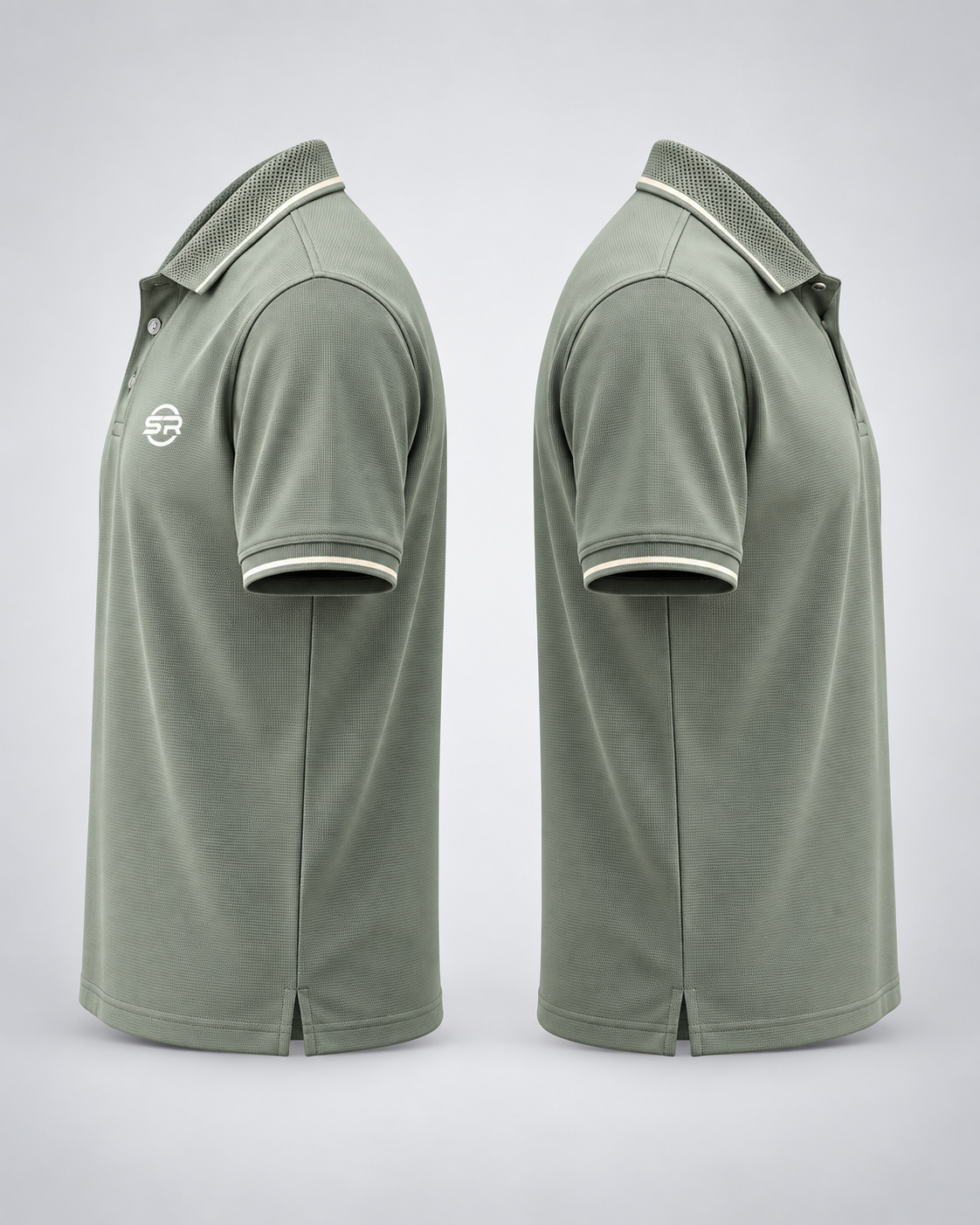 Side profile views highlighting the textured knit, ribbed cuffs, and side hem slits