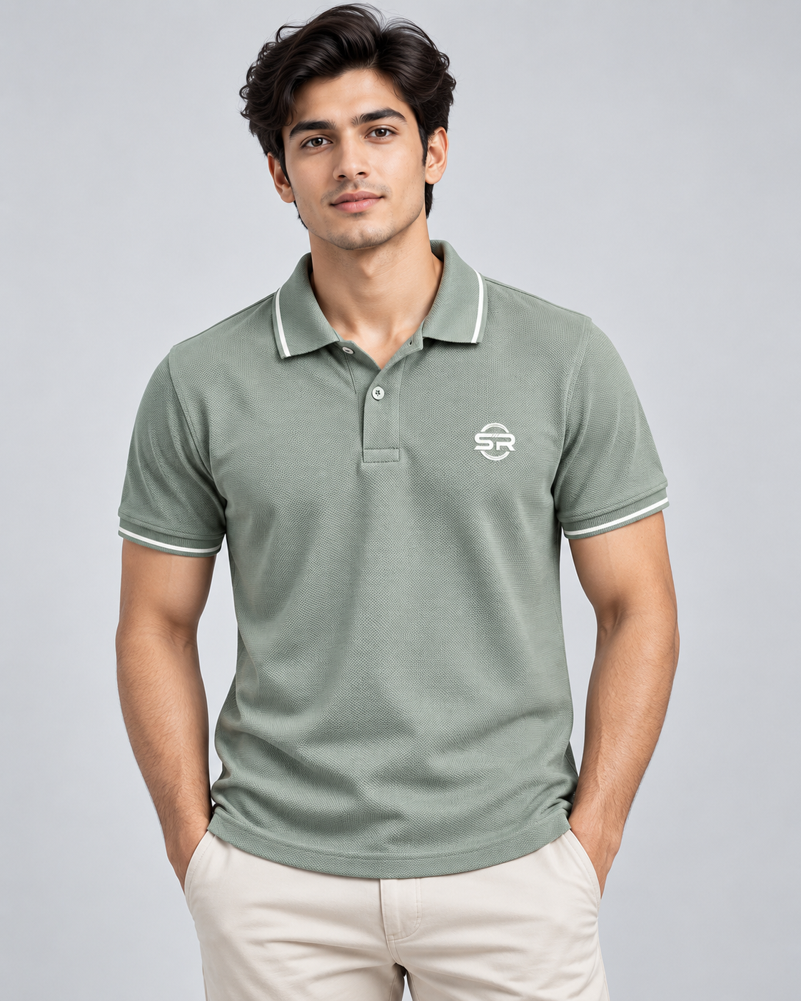 Male model wearing the sage green polo with light trousers in a casual standing pose