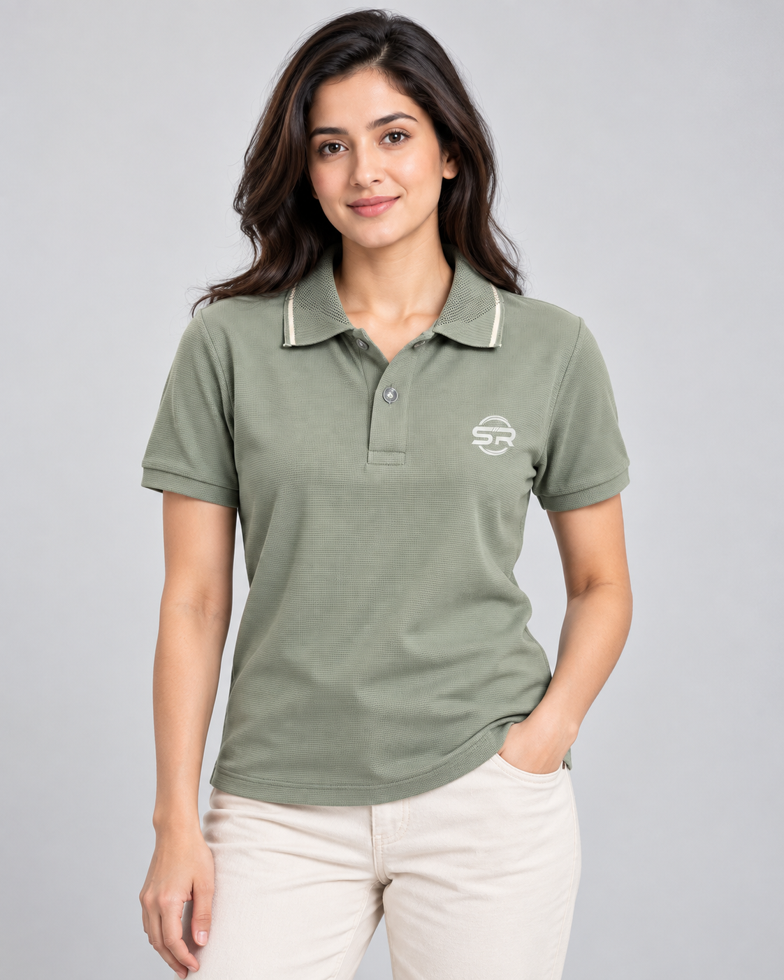 Female model styling the sage green polo with white pants, shown from the front