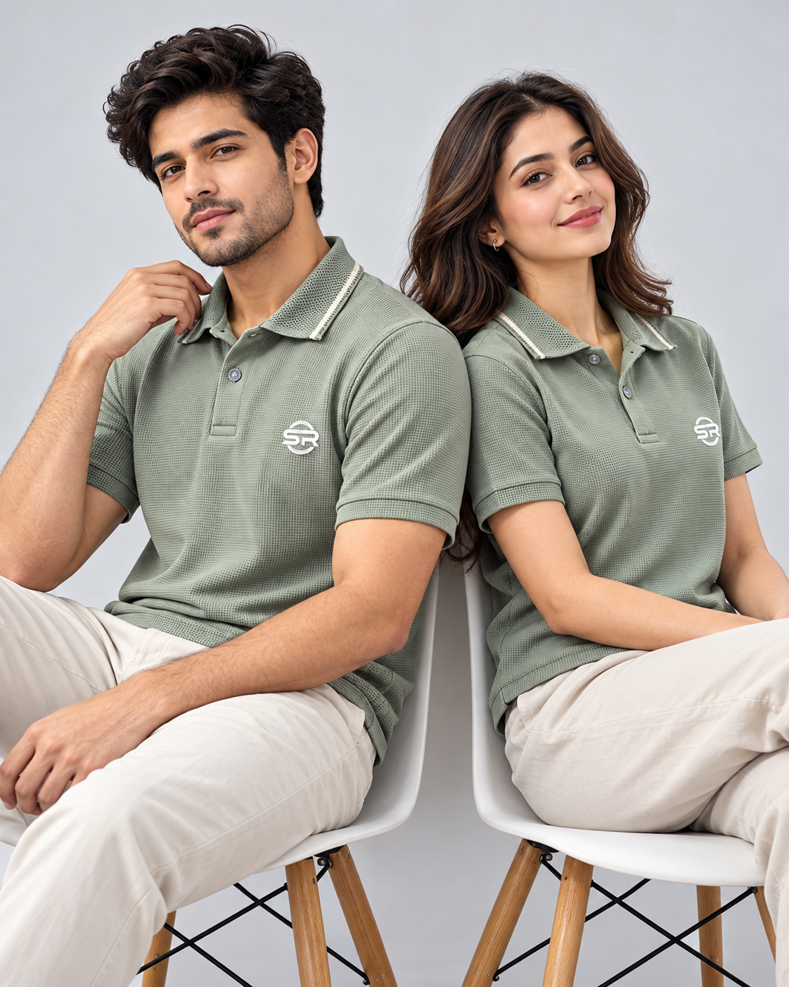 Male and female models seated wearing matching sage green polos with logo on chest
