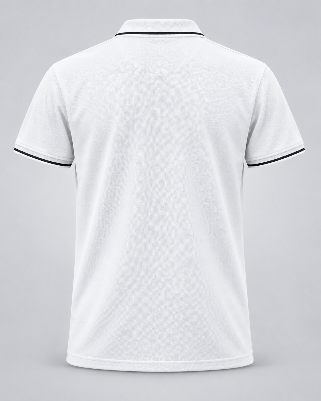 Back view of white short-sleeve polo showing black piping on collar and sleeve hems