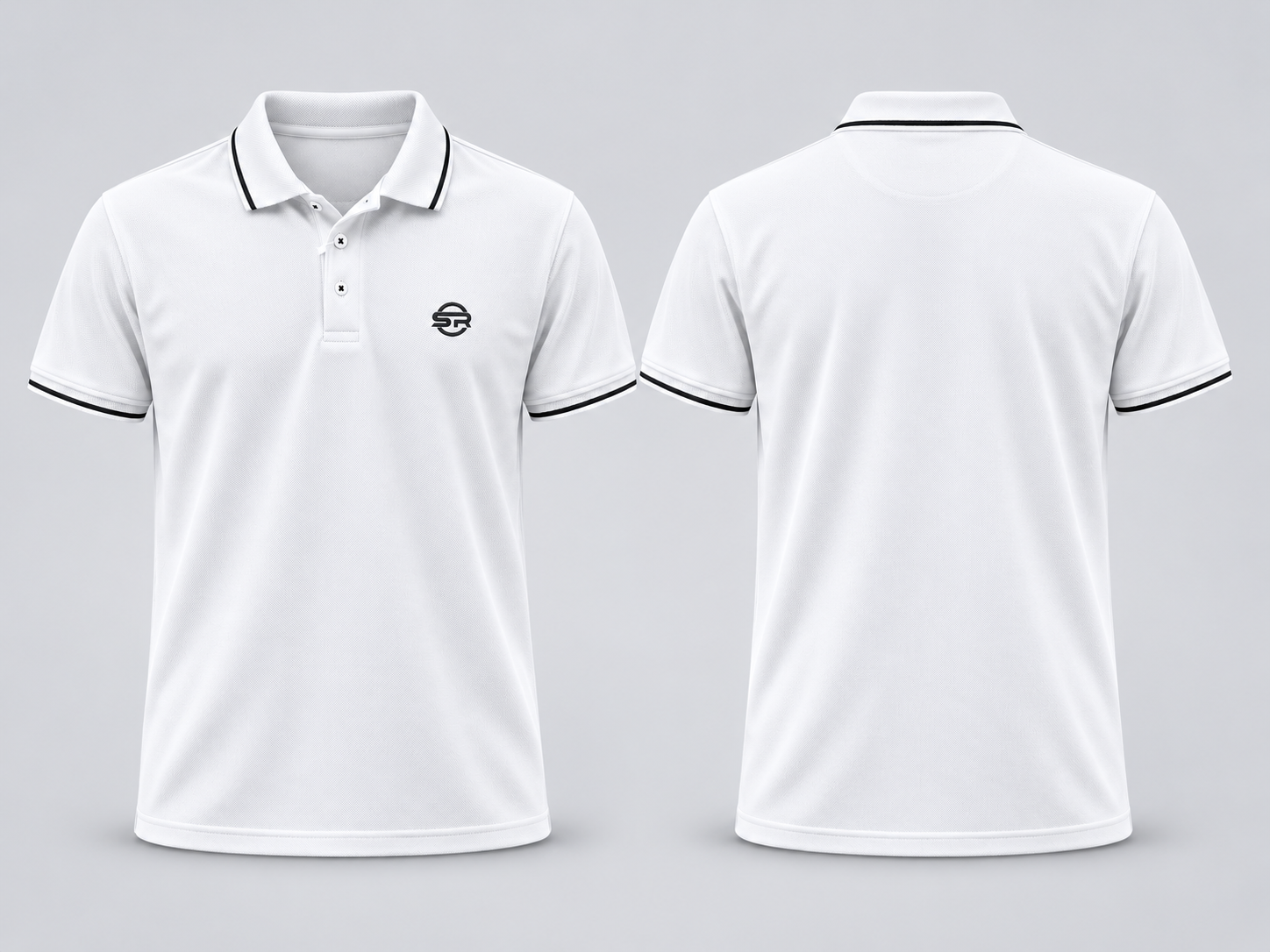 Front and back flat lay comparison of the white polo on a light gray background