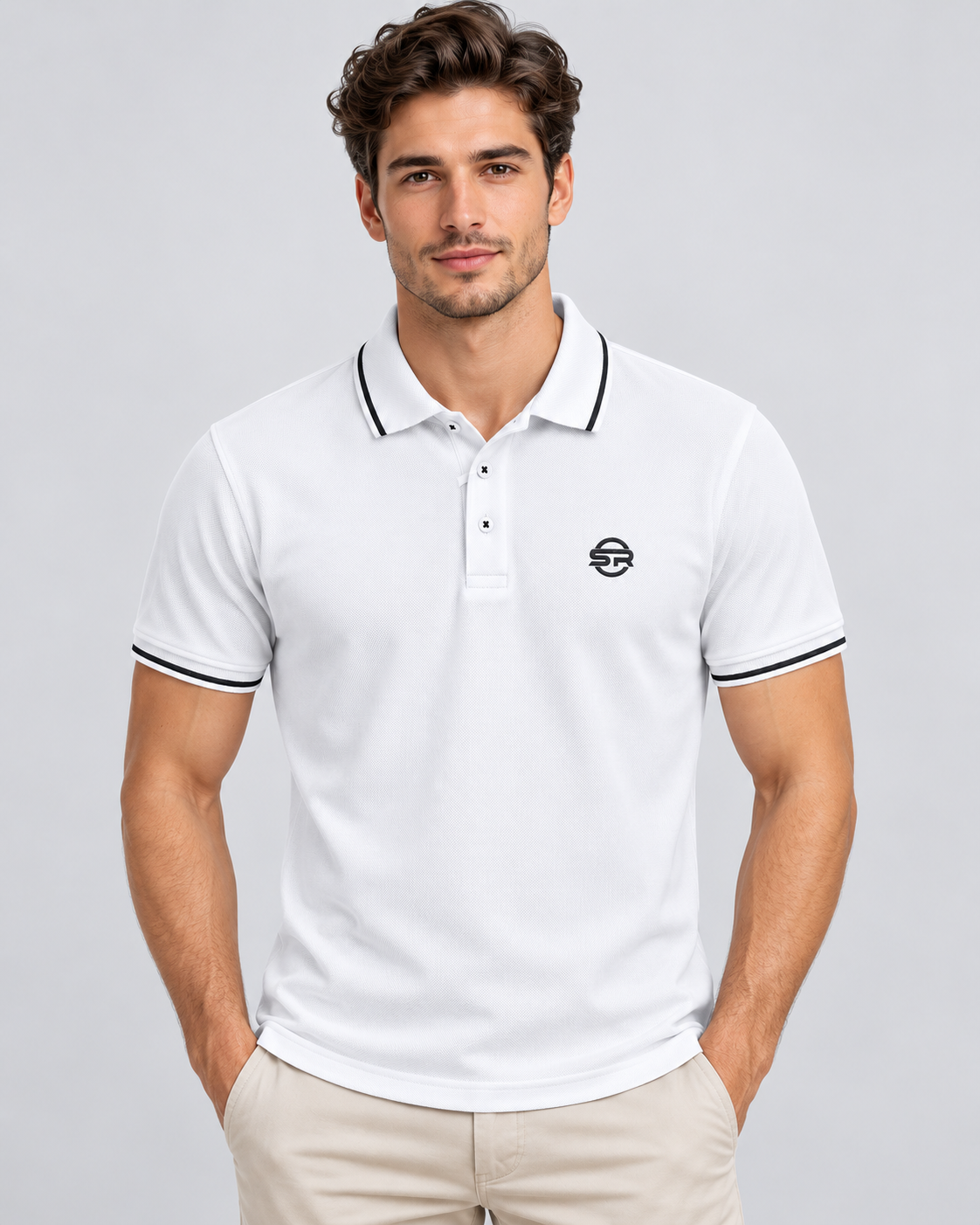 Men's styling view of the white tipped polo worn with beige trousers