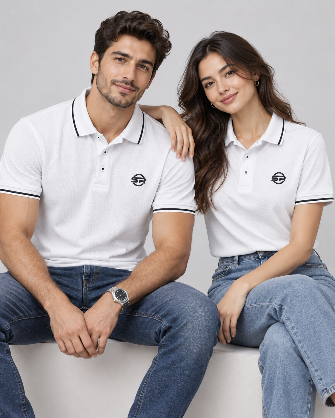 Matching his-and-hers look featuring the white polos worn with blue denim