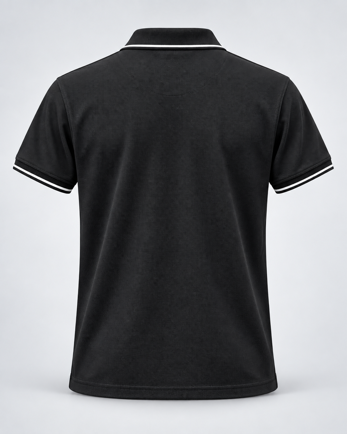 Back view of the black polo showing textured fabric and white piping on the collar