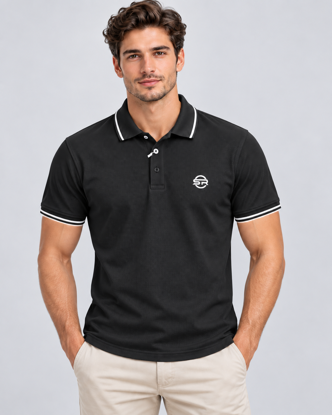 Men's styling view of the black tipped polo paired with light beige trousers