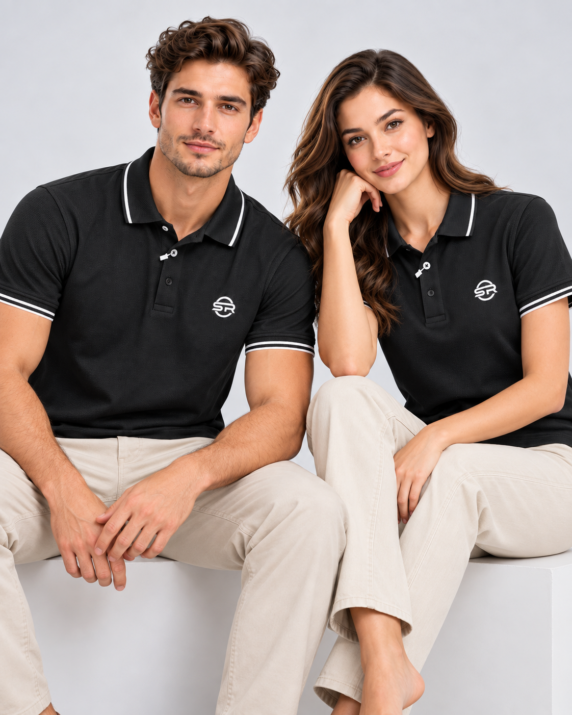 Men's and women's matching black polos shown seated, highlighting unisex fit