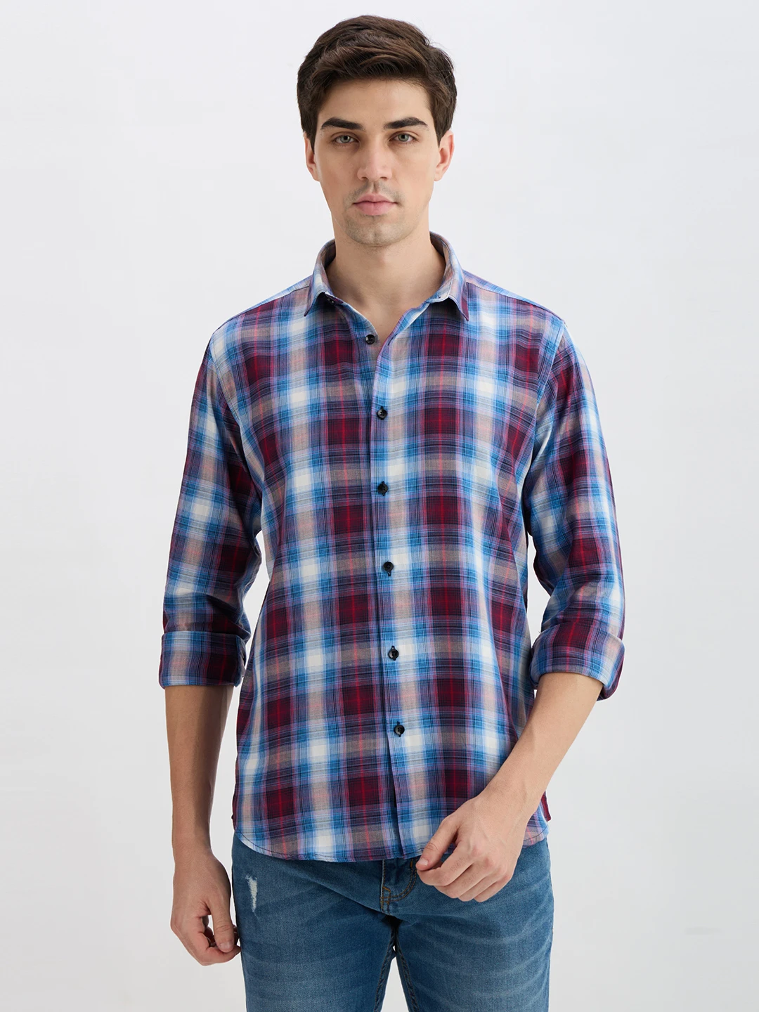 Front view with sleeves rolled up, showing the checked casual shirt styling