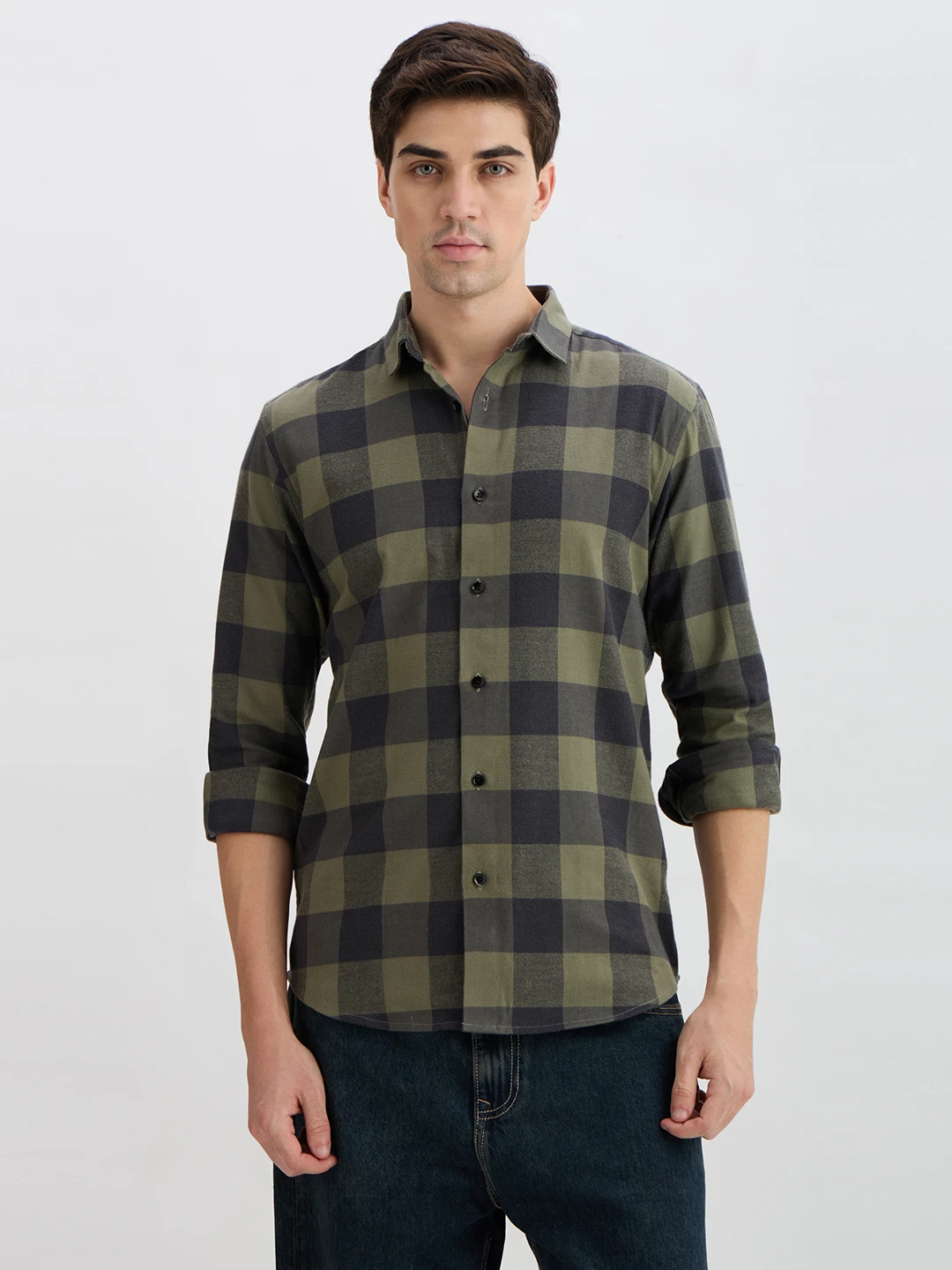 Front view of olive and charcoal buffalo check shirt with rolled sleeves and button-front closure