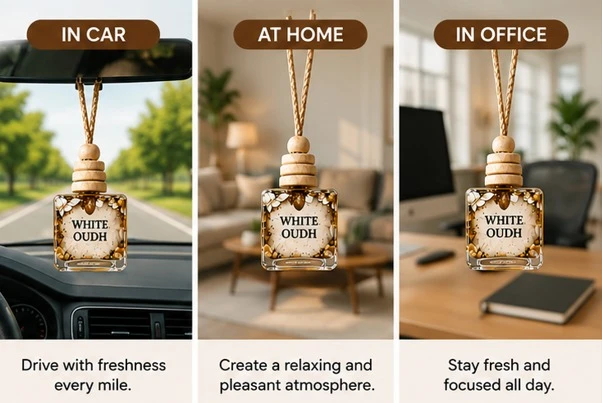 Three usage views showing the White Oudh hanging freshener in car, home and office settings