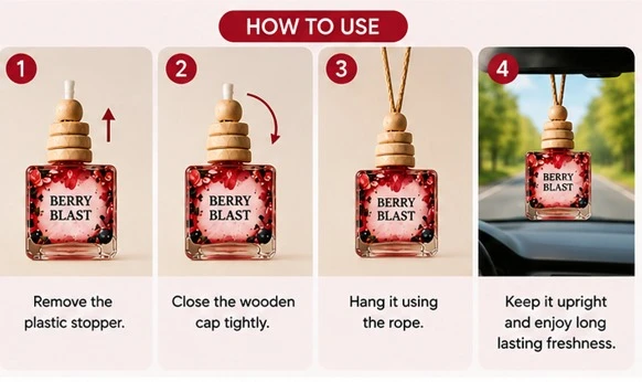 Four-step usage guide showing stopper removal, cap closure, hanging rope, and upright placement in a car