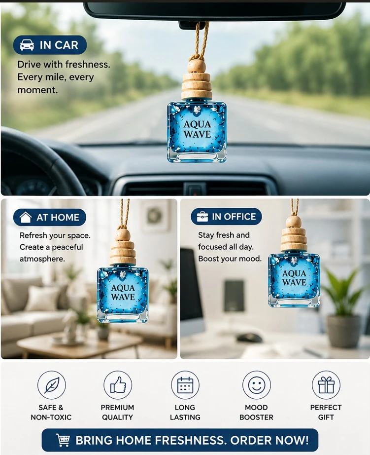 Aqua Wave diffuser shown hanging in car, home and office settings with usage and benefit icons
