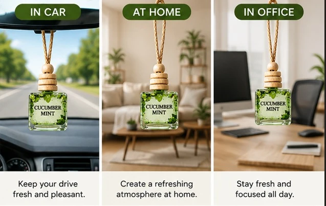 Three lifestyle panels showing the freshener hanging in a car, living room, and office