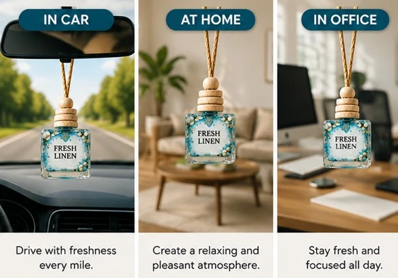 Lifestyle panel showing the Fresh Linen diffuser hanging in a car, living room, and office