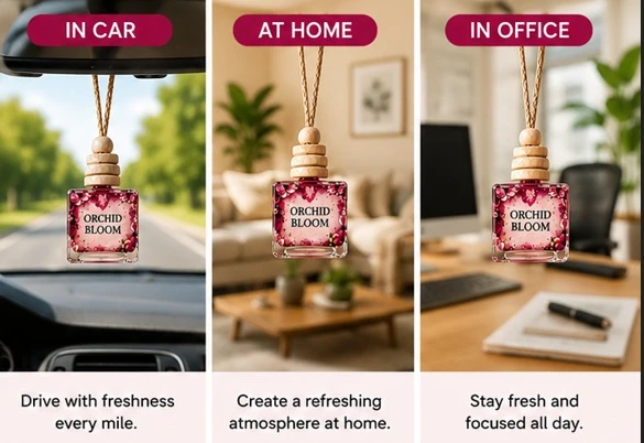 Orchid Bloom diffuser shown hanging in car, home and office settings with usage captions
