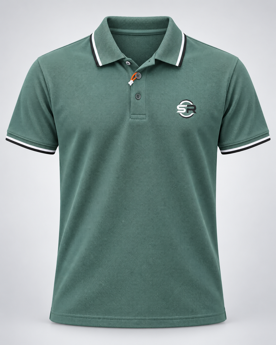 Front view of sage green polo tee with textured fabric, tipped collar and sleeves, and SR chest logo