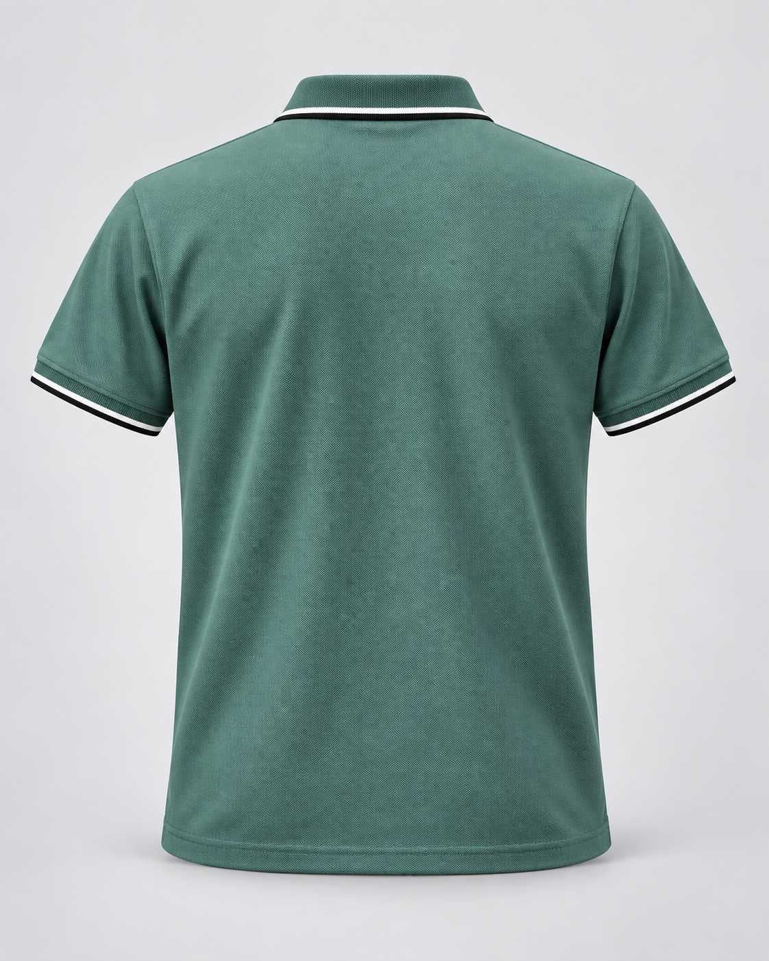 Back view of the sage green polo showing plain rear panel and striped collar and sleeve hems
