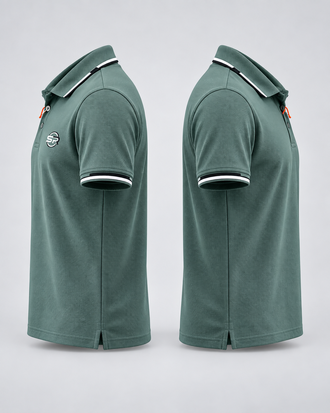 Side profile views highlighting the sleeve cuffs, side slit hem, and textured knit fabric