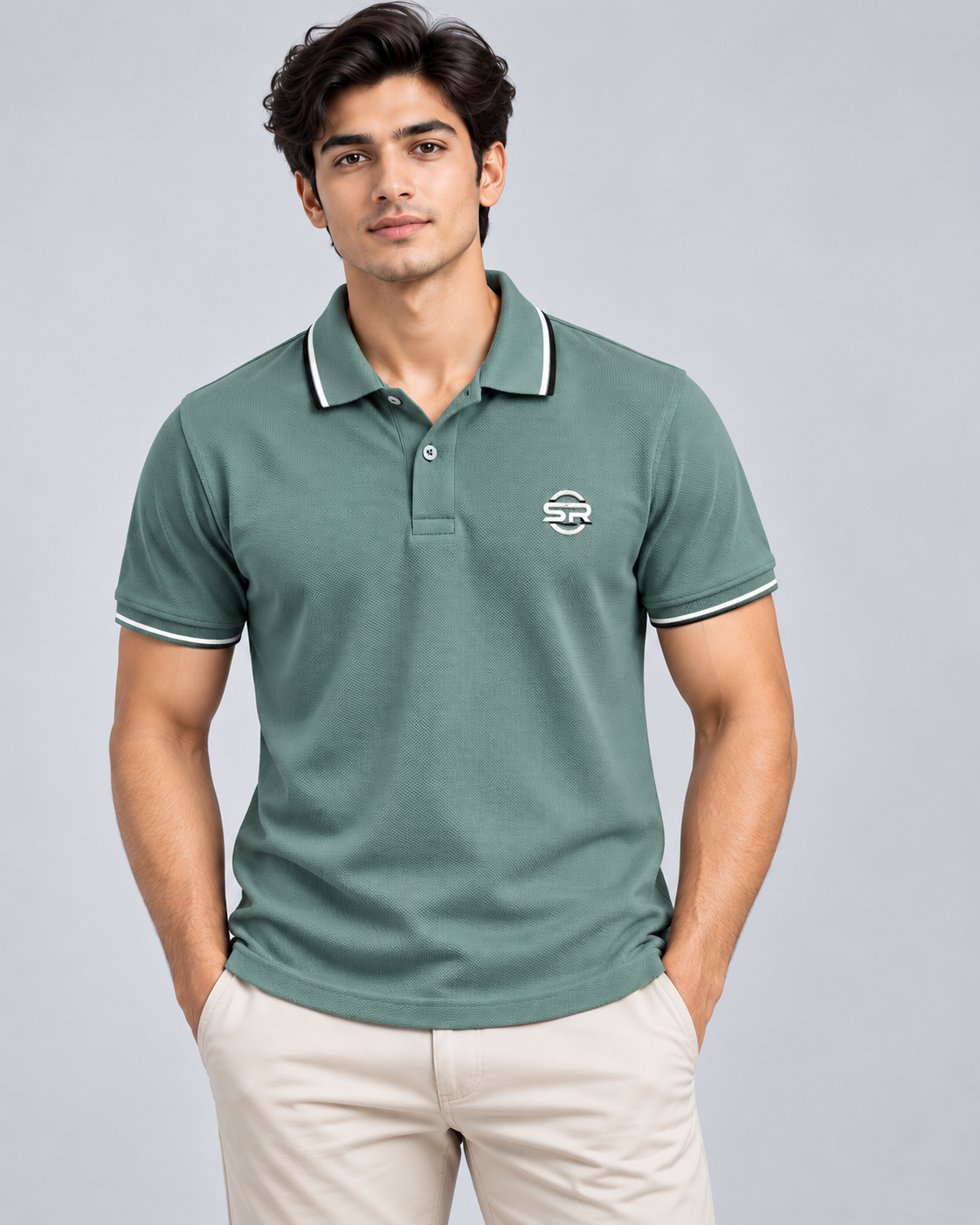 Male model wearing the polo with light trousers, showing regular fit and chest logo placement