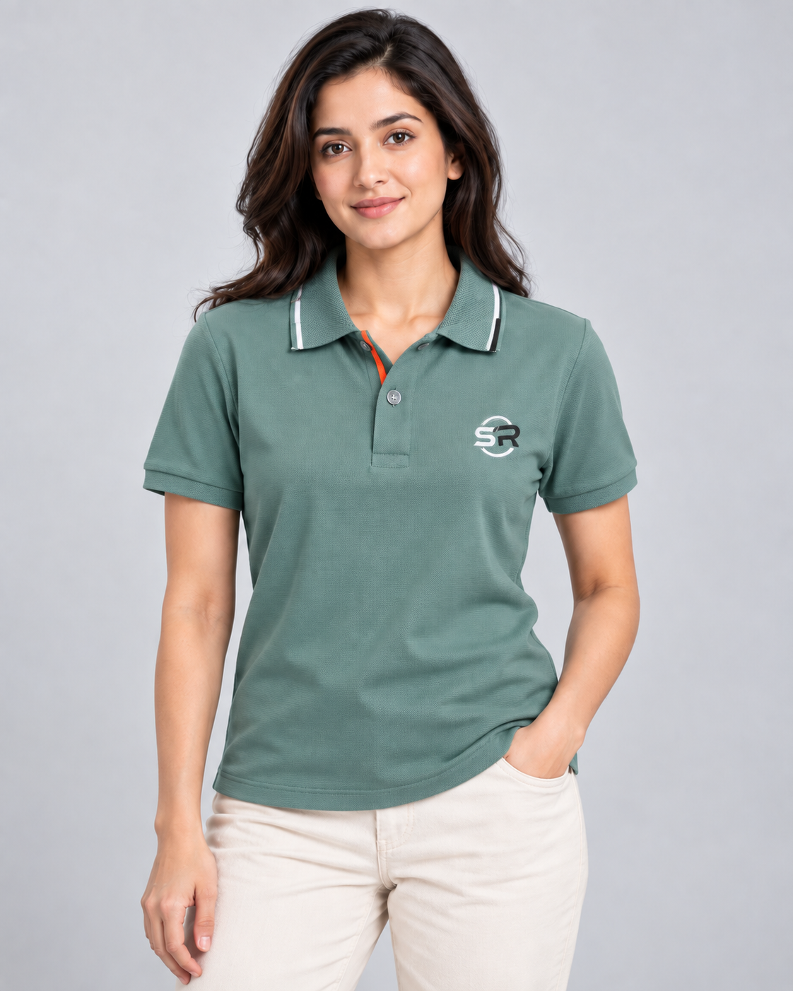 Female model wearing the same polo, showing unisex styling and front fit with tipped collar