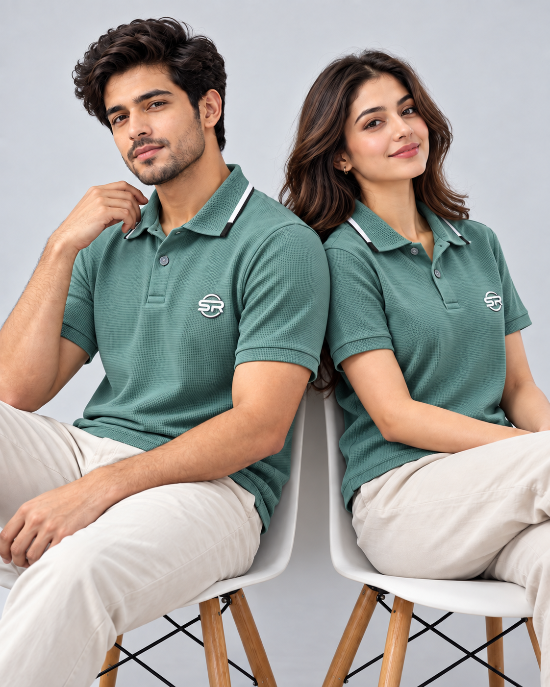 Male and female models seated in matching sage green polos, showcasing coordinated casual styling