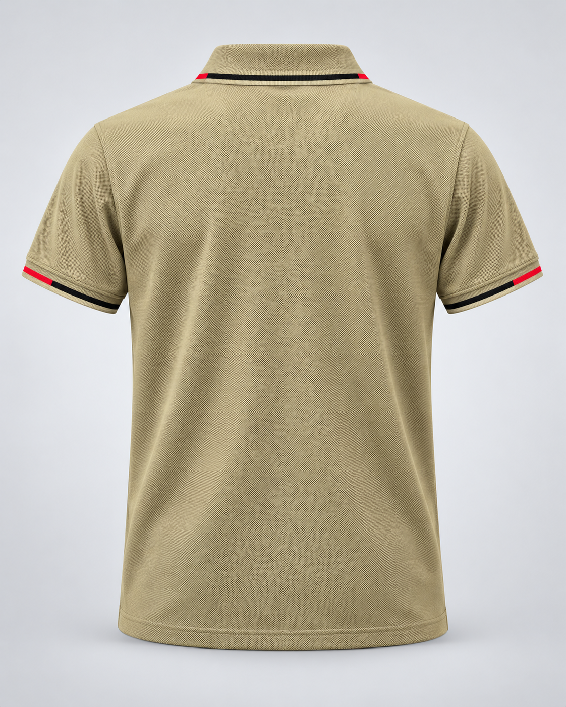 Back view of beige polo showing textured fabric and red-black tipping on collar and sleeve hems