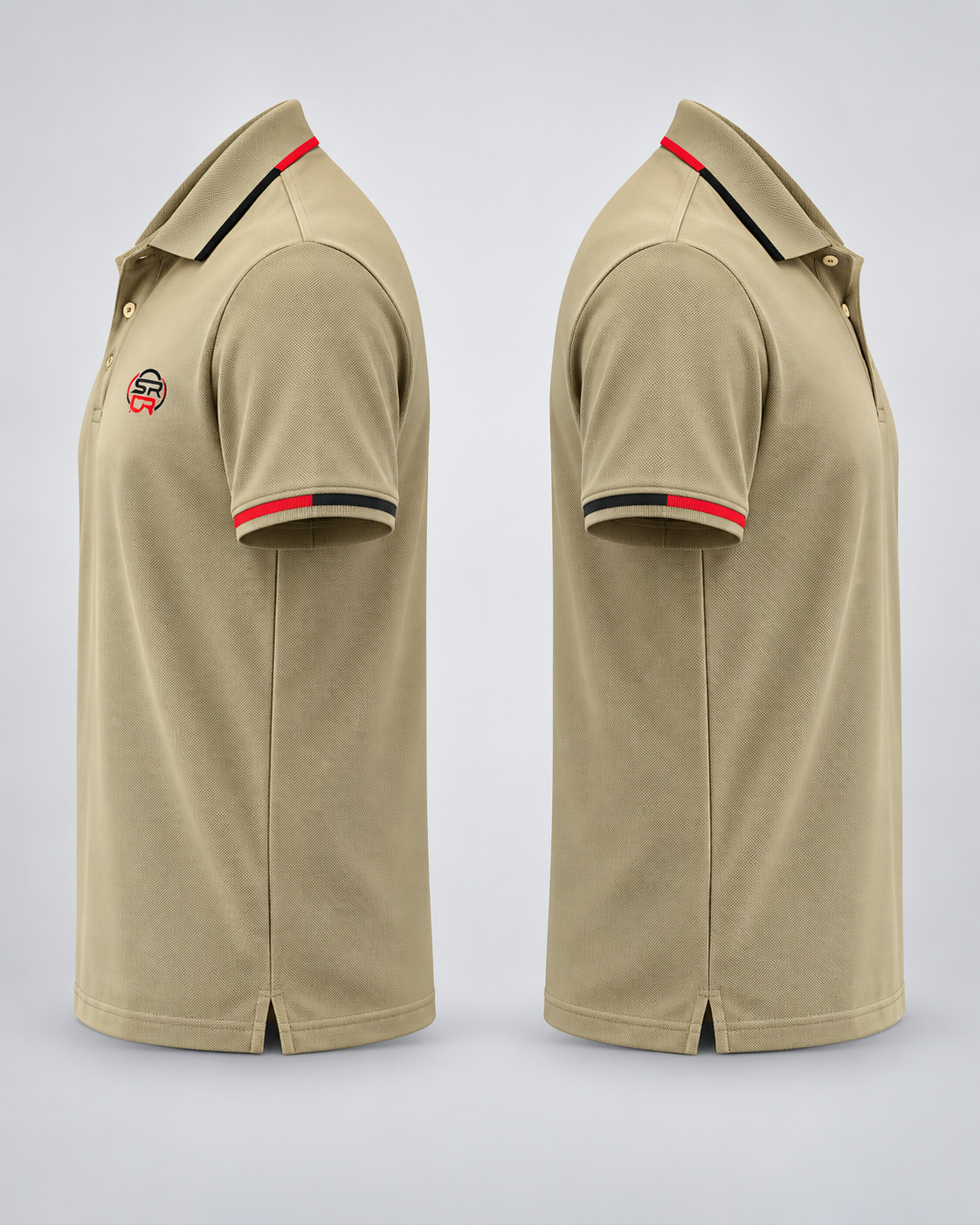 Dual side profile views showing sleeve cuff stripes, side slit hem, and collar piping details